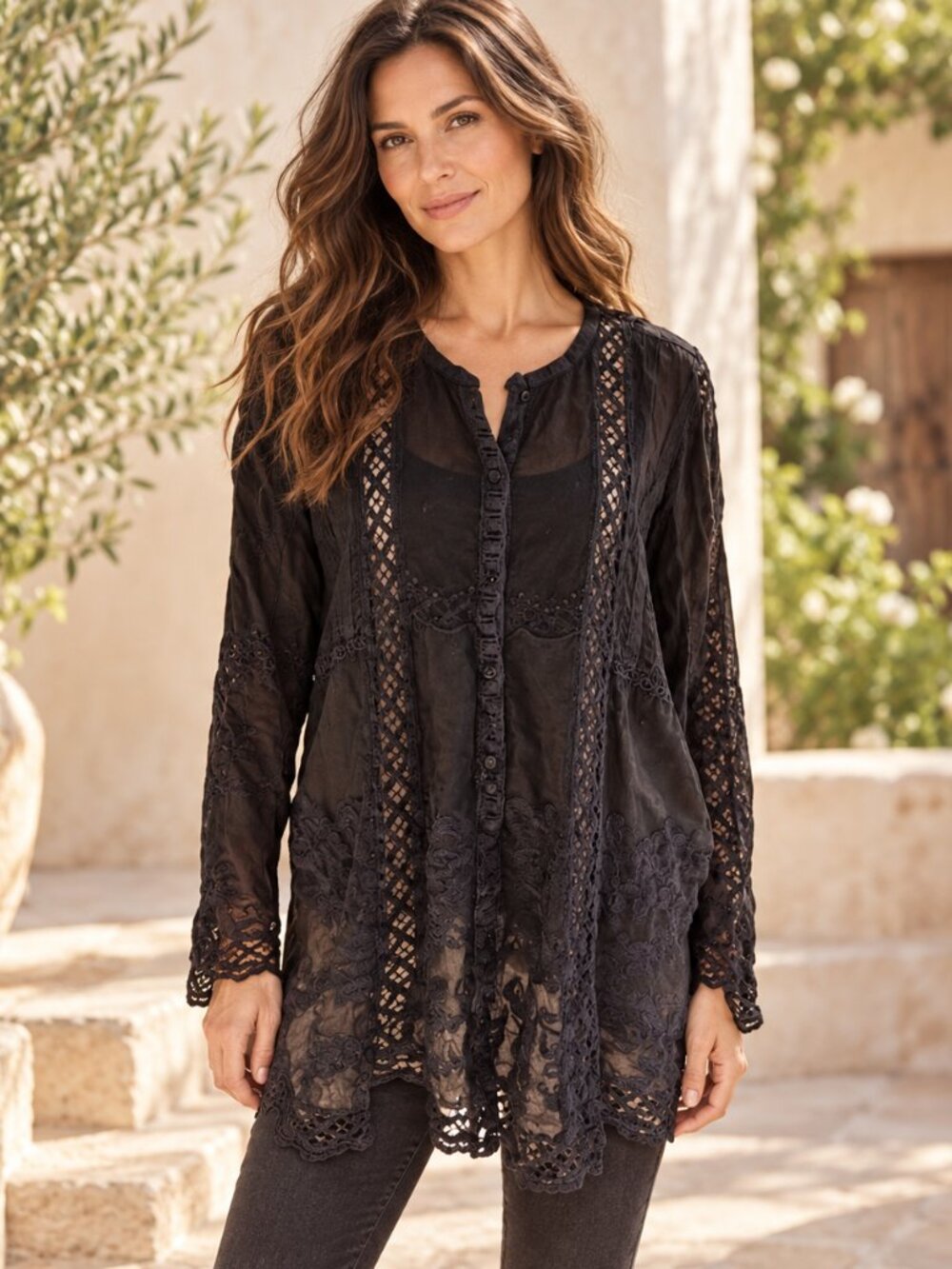 Johnny Was Tunic Womens Black Sheer Lace Embroidered Button Front Boho Top